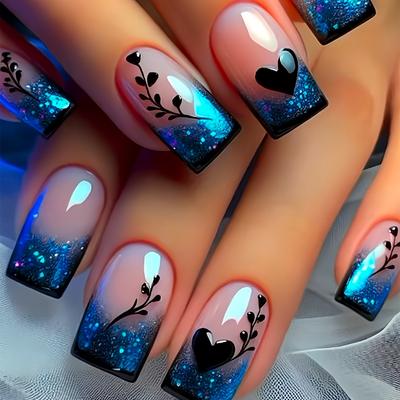 TEMU 24pcs Luxury Sweet Cool High-end Design Floral Heart Gradient Embellished - Blue And Nude Color Block Splice Oval Short Fake Nails Suitable For Girls And Women Gift With Jelly Glue And Nail File Image