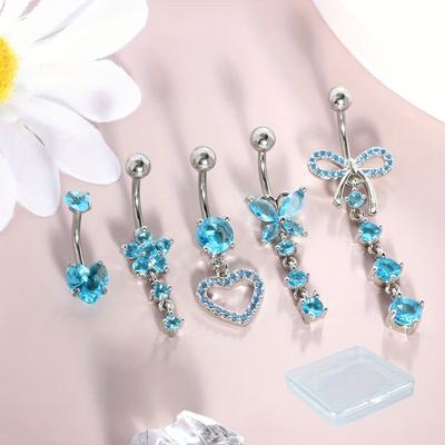 TEMU 5pcs Dangle Belly Button Rings Piercing Jewelry For Women Stainless Steel Dangling Belly Ring Pack With Heart Bow Elements 14g Box Packing