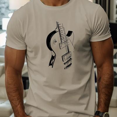 TEMU Men's Casual Short Sleeve T-shirt With Geometric Guitar Print, Polyester Knit Fabric, Round Neck, Regular Fit, Summer Collection Image