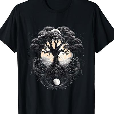 TEMU Men's Slim Fit 220g 100% Cotton T-shirt - Black Geometric Yin Yang & Moon Phases Graphic Print, Casual Round Neck Tee For All , Apparel | Image