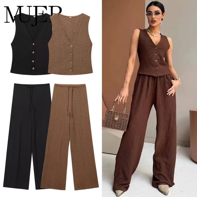 MUJER Set di pantaloni da donna Set di pantaloni a vita alta testurizzati per donna 2 pezzi Gilet senza maniche Completo da donna Set da donna Abiti da donna
