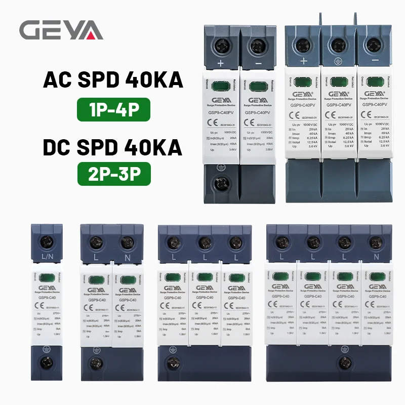 GEYA Dispositivo di Protezione da Sovratensioni AC DC SPD, Scaricatore di Sovratensione per Bassa Tensione Domestica 1/2/3/4 Poli, Protezione da Sovratensione DC 600V 1000V 40KA