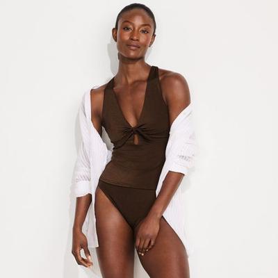 Shine Knot Front Tie Back Tankini, High Waisted - 2 piece, Women, size: 10 12, regular, Brown, Spandex/Nylon-blend, by Lands' End