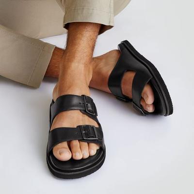 Leather Double Buckle Sandals, Men, size: 9, regular, Black, Leather, by Lands' End