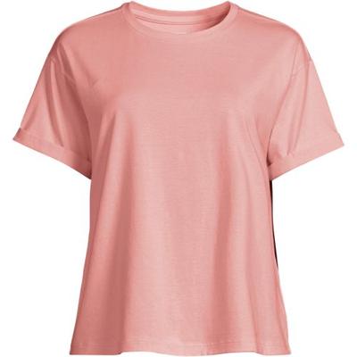 Short Sleeve Supima Roll Cuff Crew Neck T-Shirt, Women, size: 14-16, regular, Pink, Cotton, by Lands' End