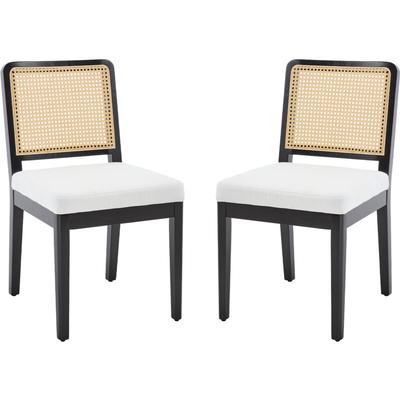 Esszimmerstühle 2er Set Leinen Küchenstühle mit Rattan Rückenlehne Retro Holz Akzentstühle Image