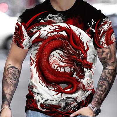 TEMU Alai Men's 3d Dragon Print T-shirt - & Black Graphic Tee With Clouds, Regular Fit Casual Streetwear, Machine Washable, Dragon T Shirt Image