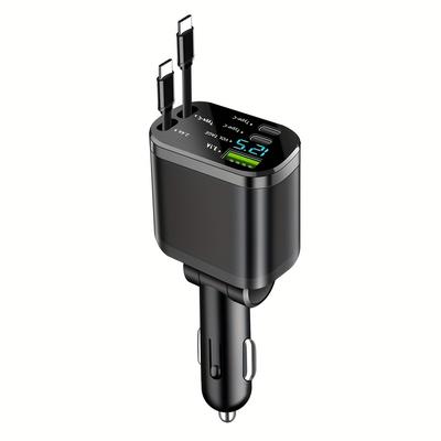 TEMU Gyioeupt Retractable Car Charger - Multifunctional Vehicle Charger With 2 Retractable Phone Charger Cables + 2 Type-c + 1 Usb Port, Real-time Voltage Display Screen Image
