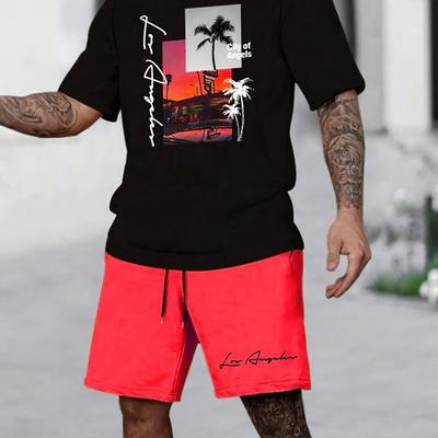 TEMU Men's Los Angeles Palm Tree Pattern T-shirt- Casual Crew Neck T-shirt, Printed With ' Out' Design, Suitable For , Sports, And Vacation, Casual Clothing| Loose Fit Shirt Image