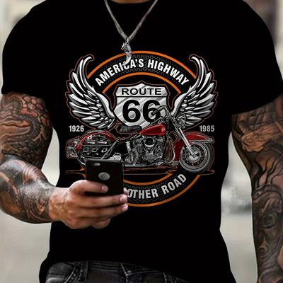 TEMU 3d Motorcycle Print Men's Block Short Sleeve Crew Neck T-shirt, Summer Outdoors Image