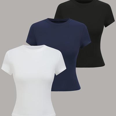 TEMU Women's Sleeveless Tank Tops - Navy, Black, White, Polyester, Round Neck, Short Sleeve, Knit Fabric, Wear, Casual Attire|minimalist Style|stretchy Material Image