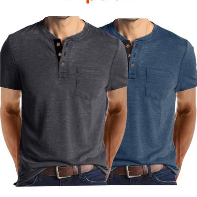 TEMU 2pcs Men's Summer Henley Shirts - Casual Short Sleeve, Polyester With Chest Pocket, Button Detail In Burgundy & Olive Green Image