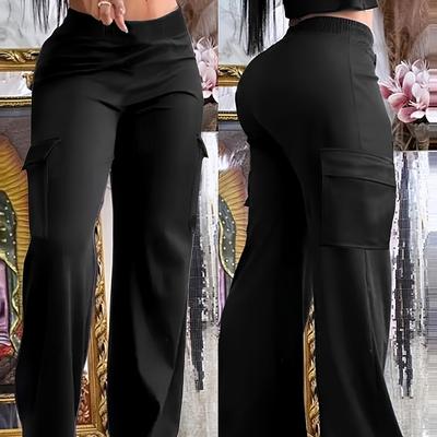 TEMU Women' Color Casual Cargo Pants - Black Wide-leg Workwear-style With Multiple Pockets, Machine Washable Spring/summer Trousers For Everyday , Trousers, Flattering Silhouette, , Practical Design Image