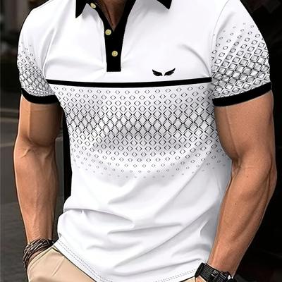 TEMU Men's Geometric Print Shirt - Breathable Short Sleeve Casual Top With Contrast Collar & Sleeve Trim, Machine Washable H-fit For Spring/summer Outdoor & Image