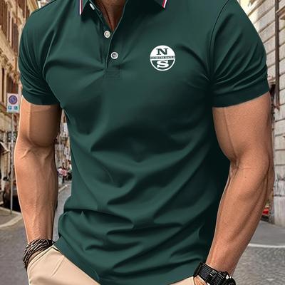 TEMU Men's Shirt - Nautical-themed Casual Summer Shirt, Breathable Fabric For Beach, Golf, Office & Casual Attire - Classic Neckline, Beach T Shirt, Contrast Stripe Detailing Image