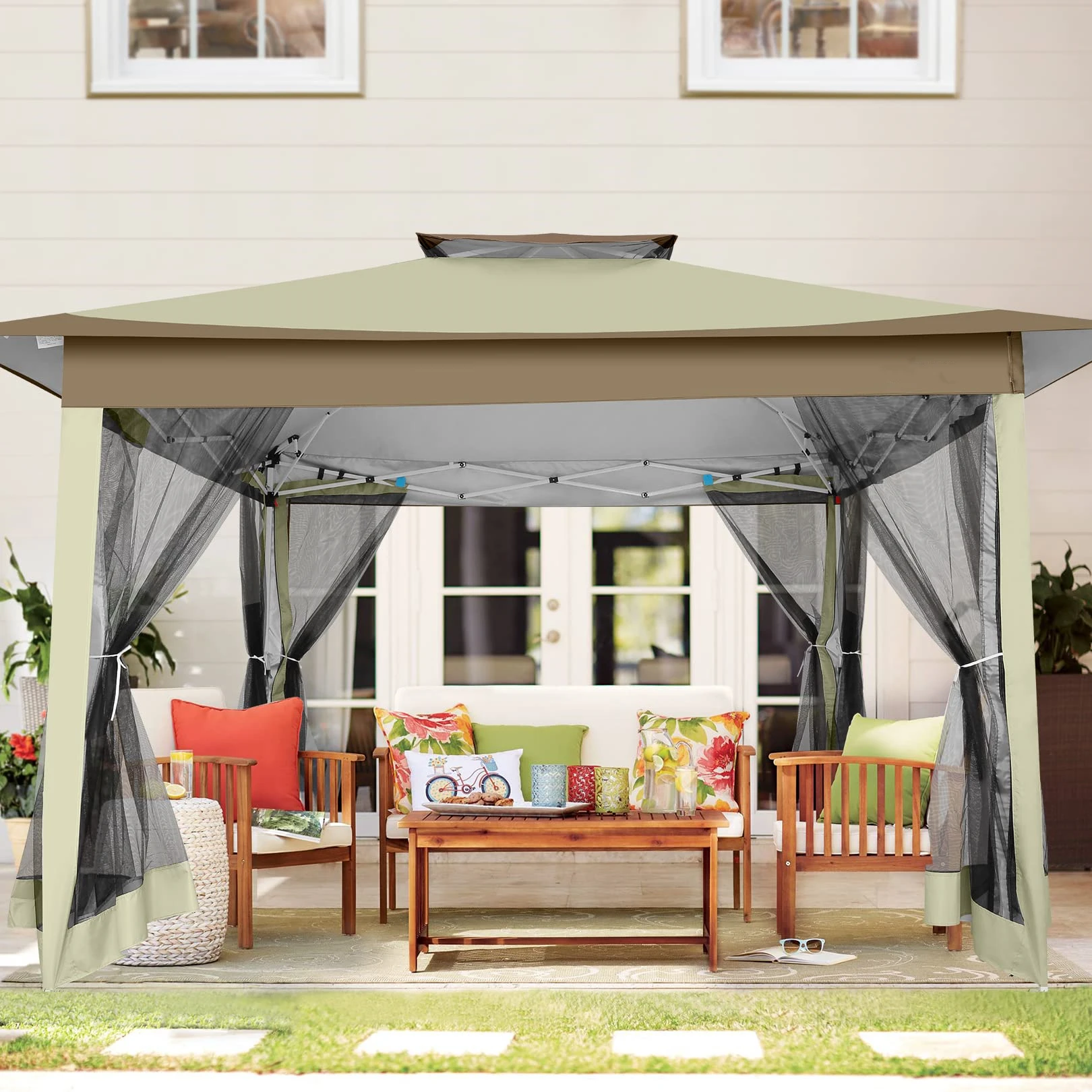 Pavillon pliant Stable et étanche 3x3M, pavillon de jardin Pop-up avec moustiquaire à 4 parois latérales, tente de fête, Double toit pour jardin