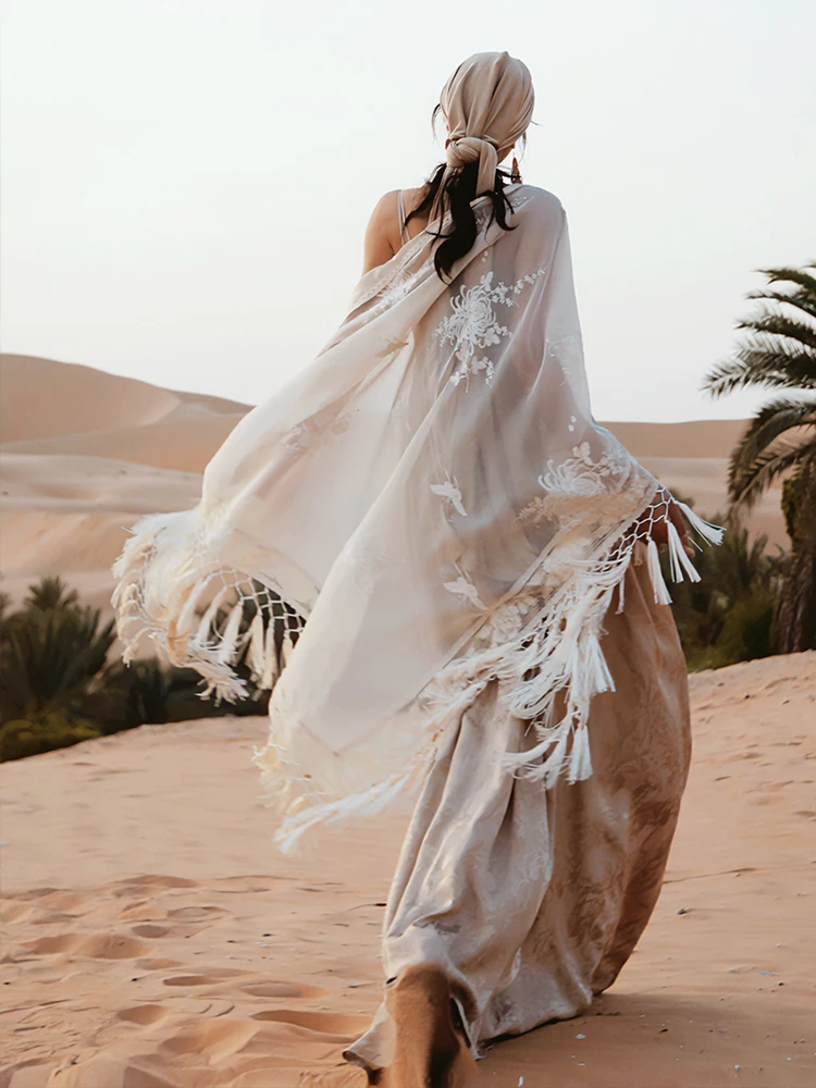 TIYIHAILEY-Lose Lange Quasten Umhang Schal, Blumen, Beige, Vintage, Frühling, Sommer Oberbekleidung, Neue Mode, 2025, Neue Quasten