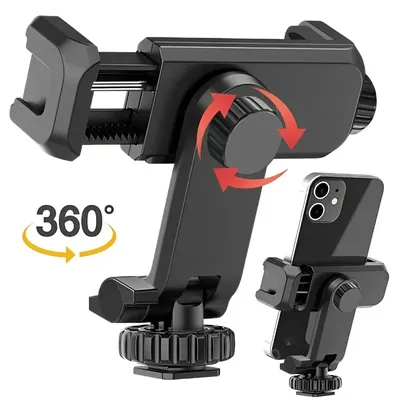 360° Rotatable Hot Shoe Phone Holder for Camera IPhone Samsung 1/4 Mount Adjustable Vlog Selfie Live Streaming Tripod Accessory