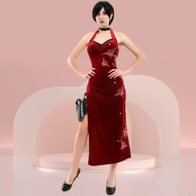 Spiel Ada Wong Cosplay Kostüm Rot Sexy Cheongsam Chinesischen stil Kleid Schwarze Perücke Vollen Satz für Frauen Halloween Karneval Party Image