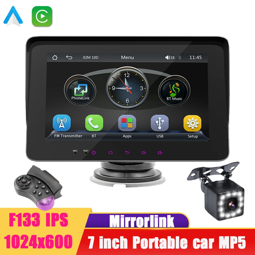 BQCC 7 Zoll HD Tragbares Auto MP5 Mirrorlink 1024 x 600 Autospeler Bunte Lichter Kabelgebundenes kabelloses Carplay Android TYPE-C-Laden Image