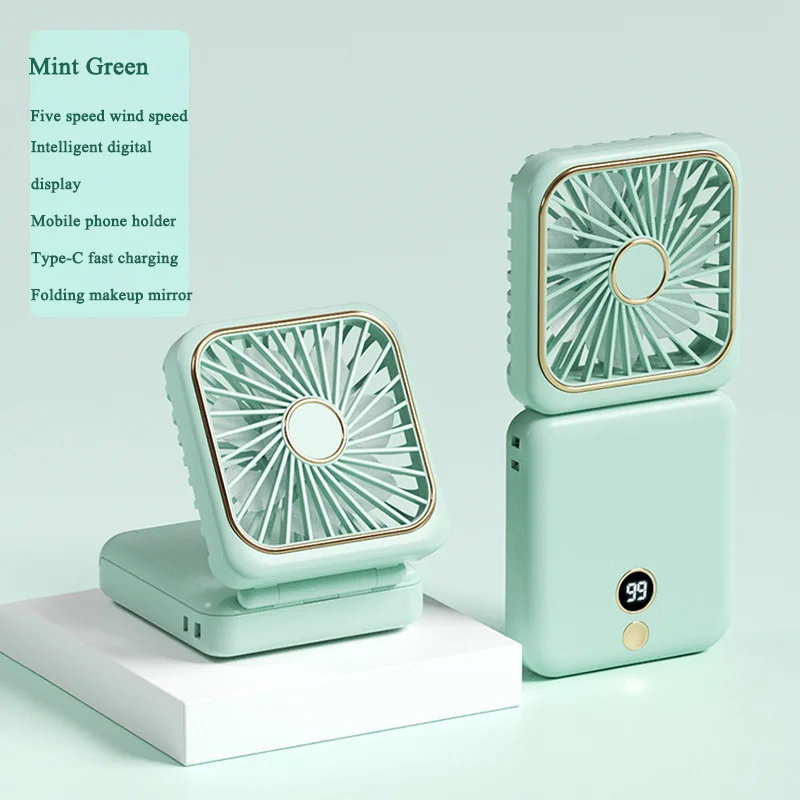 3-in-1 tragbarer Mini-Ventilator, hängender Halsventilator, Handventilator und faltbarer Spiegel mit Powerbank, kompakt und tragbar für Sommersport Image