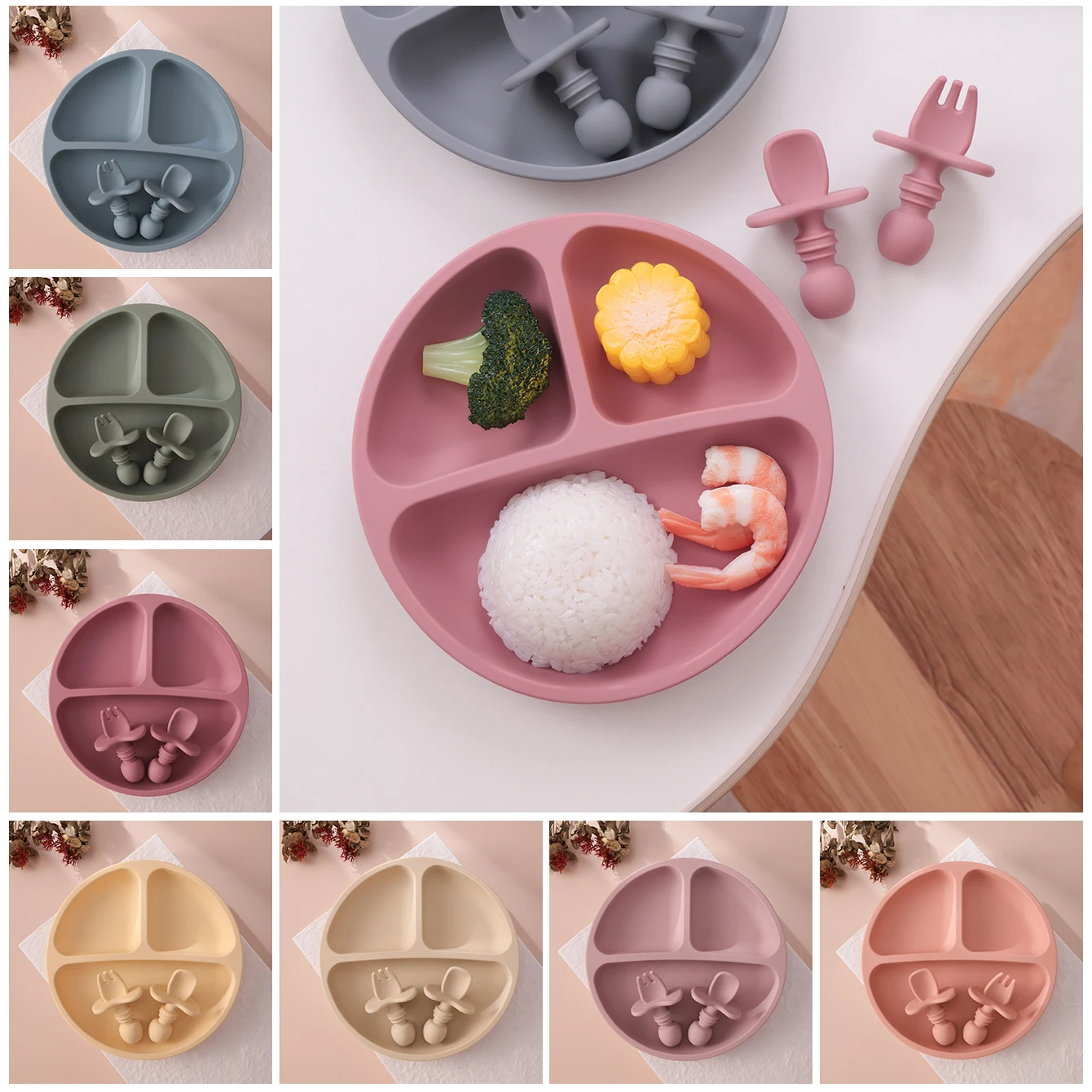 Farbe Kinder 3PCS BPA FREI Silikon Baby Platte Saug Lächeln Gesicht Dish Set Kleinkind Training Löffel Gabel Kinder Fütterung geschirr Image