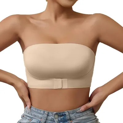 Women Strapless Bra Breathable Front Closure Bra for Women Non-Slip Wireless Bandeau Bra Seamless Padded Tube Top Bralette