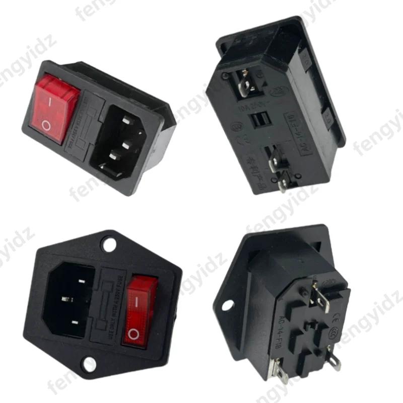 IEC320 C14 Elektrische AC-Buchse, 3-polig, rote LED, 250 V, Wippschalter, 10 A Sicherung, weiblich, männlich, Einlassstecker, eingebettete Steckdosenmontage Image