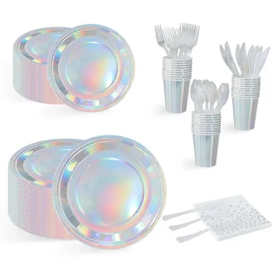 10pcs laser color silver tableware set disposable tableware paper plate paper cup paper towel party wedding decoration tableware