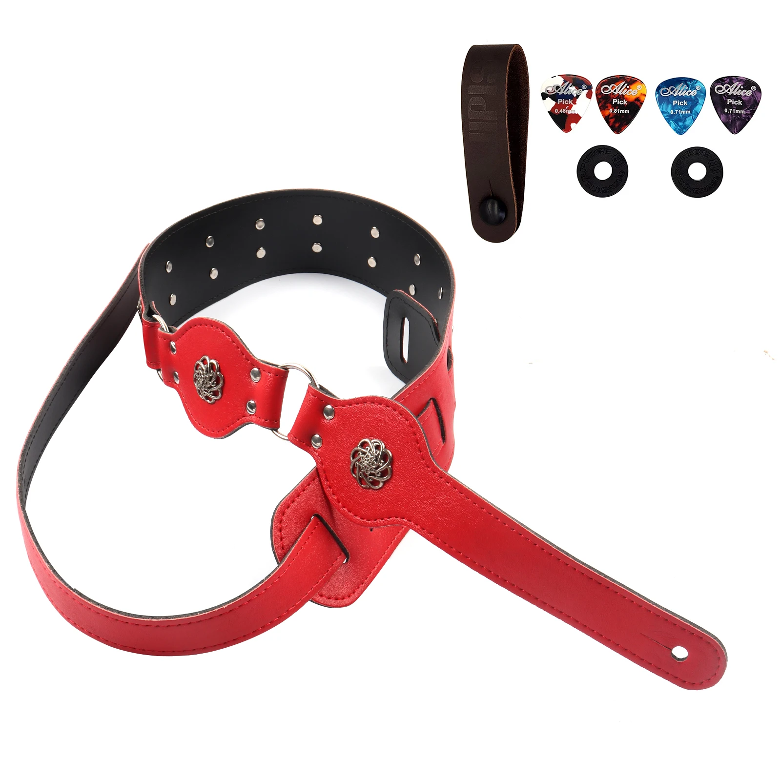 Verstellbarer weicher Gitarrengurt mit silbernen Blumennieten für Elektro-, Akustik- und Bassgitarren, 2 Knöpfe, 2 Schlösser, 3 Gitarrenplektren Image