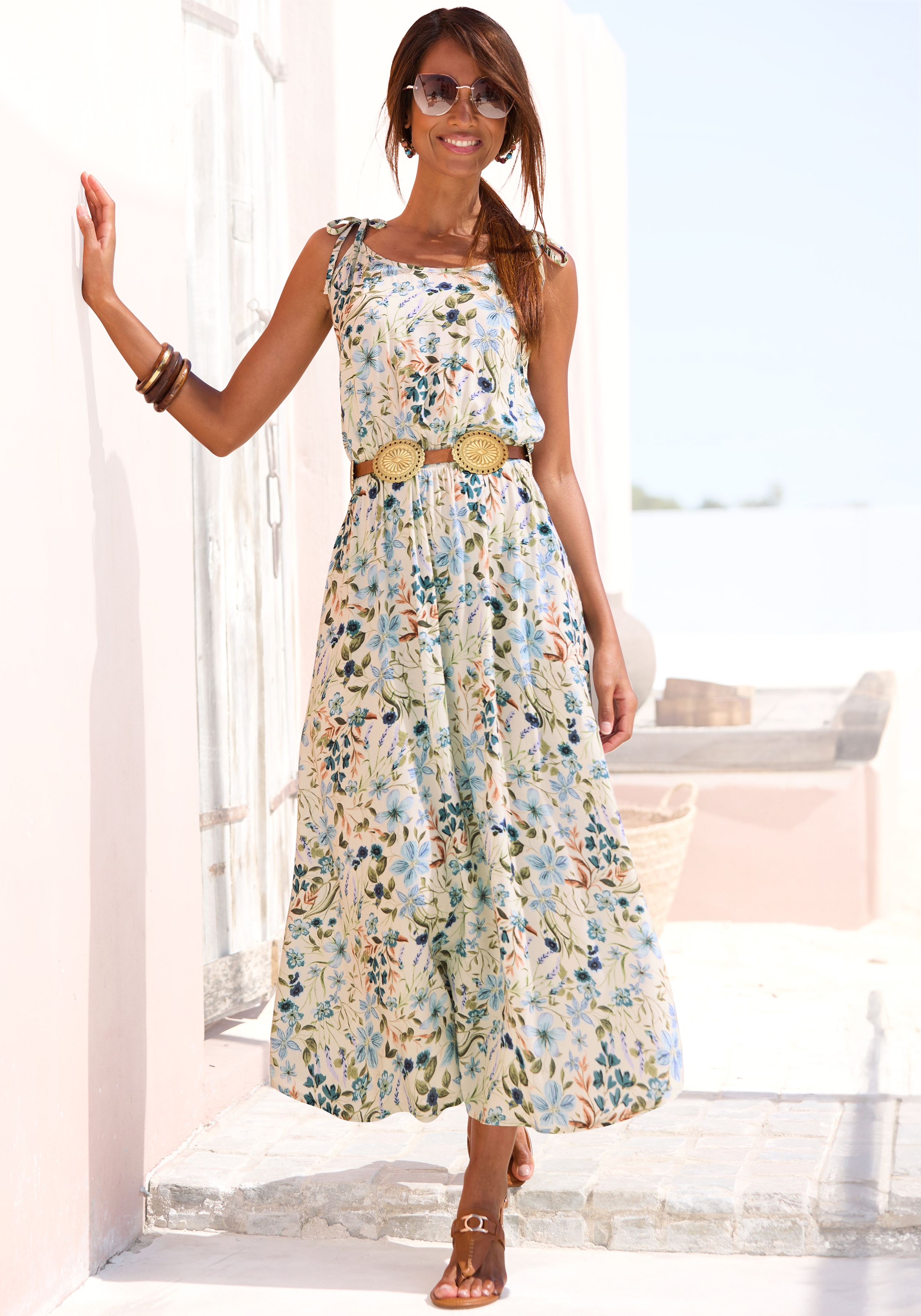 Midikleid BUFFALO, Damen, Gr. 34, N-Gr, blau (creme, blau bedruckt), Web, Obermaterial: 100% Viskose, bedruckt, geblümt, figurumspielend knöchelfrei, Rundhals, Kleider Midikleid, mit Blumendruck, Webkleid aus Viskose