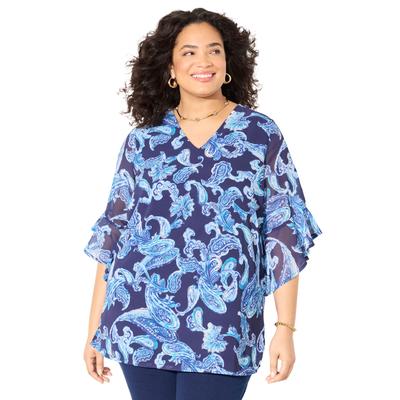 Plus Size Women's V-Neck Bell-Sleeve Georgette Blouse by Catherines in Navy Soft Paisley (Size 3X)