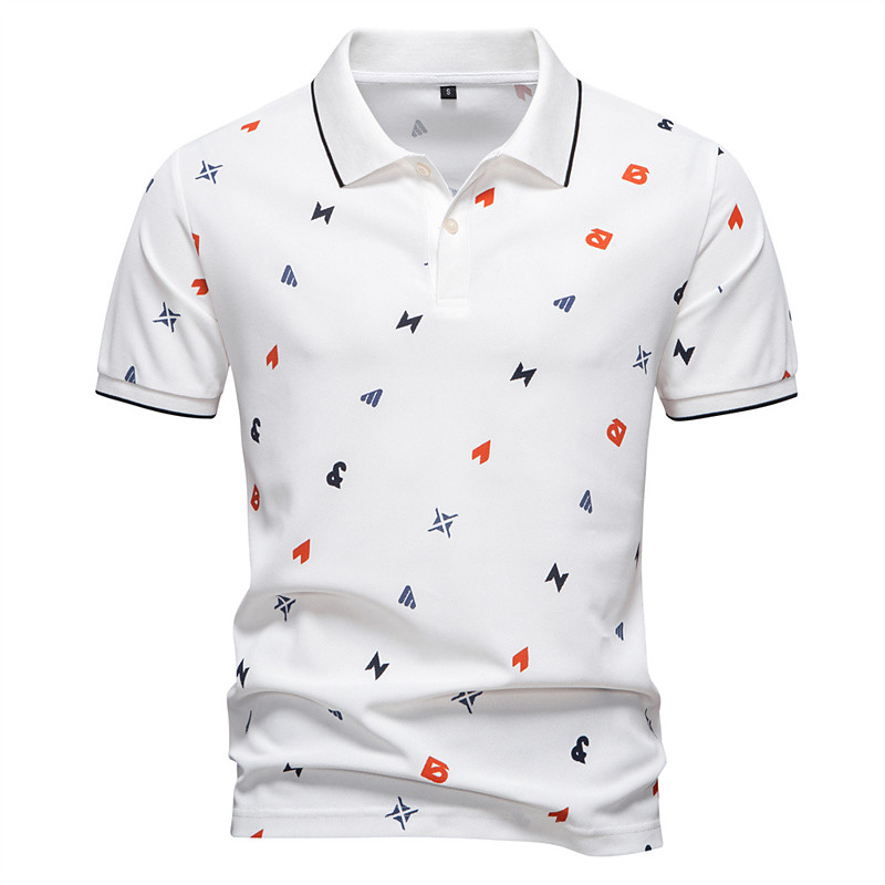 Male Abstract Short Sleeve Polo Collar Modern Sports Outdoor Casual Athleisure Summer White Green Khaki