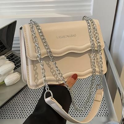 TEMU Chic Mini Wave-shaped Crossbody Bag For Women - Trendy Leather Shoulder Handbag With Scalloped Edges And Chain Strap, Black, Elegant Accessory | Chain Link Strap | Wave Pattern Bag Image