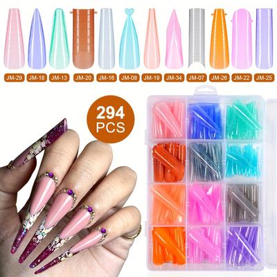 TEMU 294pcs Gel Color Nail Tip Kits For Pre-shaped Fake Nails, Soakable Easy Acrylic False Nail Heads For Quick /led Extension Molds With Dual-ended Press-on Extensions Image