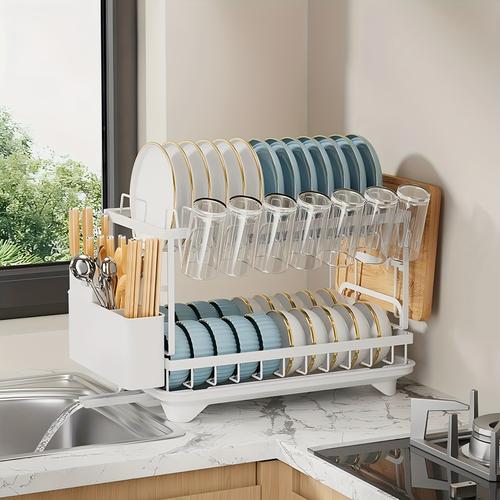 TEMU Étagère de Rangement pour Comptoir de Cuisine à 2 Niveaux, Adaptée au Séchage et Égouttage des Ustensiles, Organisateur de Vaisselle