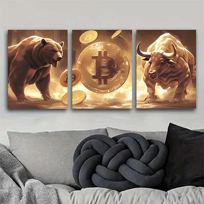 TEMU 3pcs Canvas Art Set, Cryptocurrency Wall Art, Golden Symbols, Home Or Office Financial Trading Decoration, Is A Must-have Decor, Bedroom And Living Room, And The Gift Image