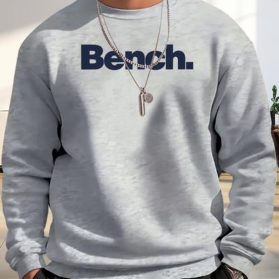 "TEMU Men's Casual Crew Neck Sweatshirt With "bench" Print - Soft Knit Fabric, Stretch, Beige Pullover For Daily & Casual Attire, Everyday | Modern Casualwear | Knit Constructio" Image