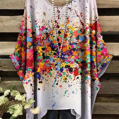 TEMU Summer Plus Size Color Block Print Crew Neck T-shirt, Casual Comfortable Round Neck Short Sleeve Oversized Tee For Women, No Accessories Image