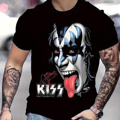 TEMU Men' Kiss Graphic T-shirt - 3d Round Neck Tee, 100% Polyester Lightweight Summer Shirt With Stretch, Machine Washable Regular Fit For Adults Image
