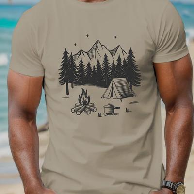 TEMU Men's Summer Casual T-shirt - Breathable Polyester, Geometric Camping & Hiking Design, Round Neck, Machine Washable Image