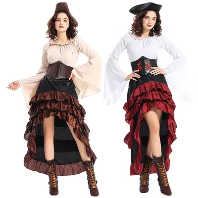 Vintage Kleid Retro Mittelalter Renaissance Kleid Damen Gothic Rüschensaum Cosplay Kostüme Maxikleid Image