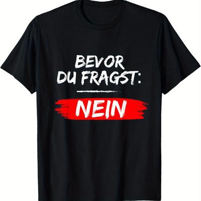 "TEMU Men's & Women's 100% Cotton Graphic T-shirt - "bevor Du Fragst: Nein" Print With Red Design, Breathable Short Sleeve Casual Tee, Regular Fit For Casual Attire, Classic Round Neck" Image