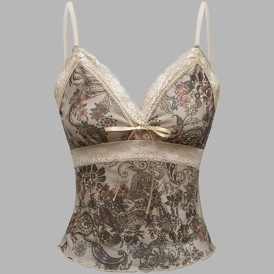 TEMU Women's Elegant Contrast Lace & Floral Print Camisole Top With Bow Detail - Thin Straps, Stretch, Versatile Wear, Machine Washable, Top | Delicate Bow Accent | Elegant Fabric, Lace Trim Image