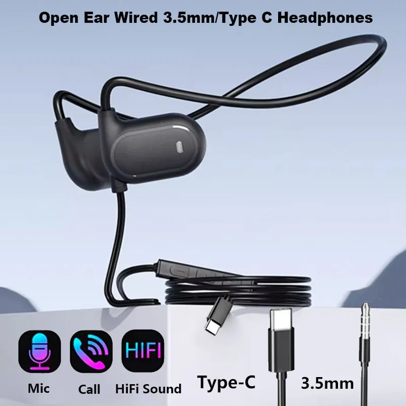 Kabelgebundene Kopfhörer mit offenem Ohr, Luftleitungs-Gaming-Headset, 3,5 mm Typ-C-USB-Stecker, Stereo-Kopfhörer für Computer, Laptop, Mobiltelefon Image