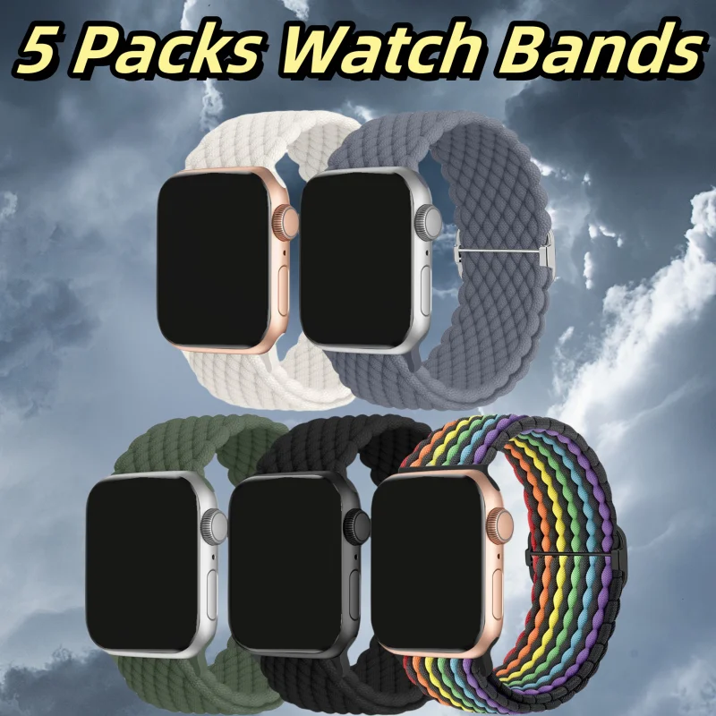 5 Stück geflochtenes Armband für Apple Watch Band 49 mm 45 mm 44 mm 42 mm 41–38 mm Nylon verstellbares Armband iWatch Serie 4 5 Se 6 7 8 Ultra Image
