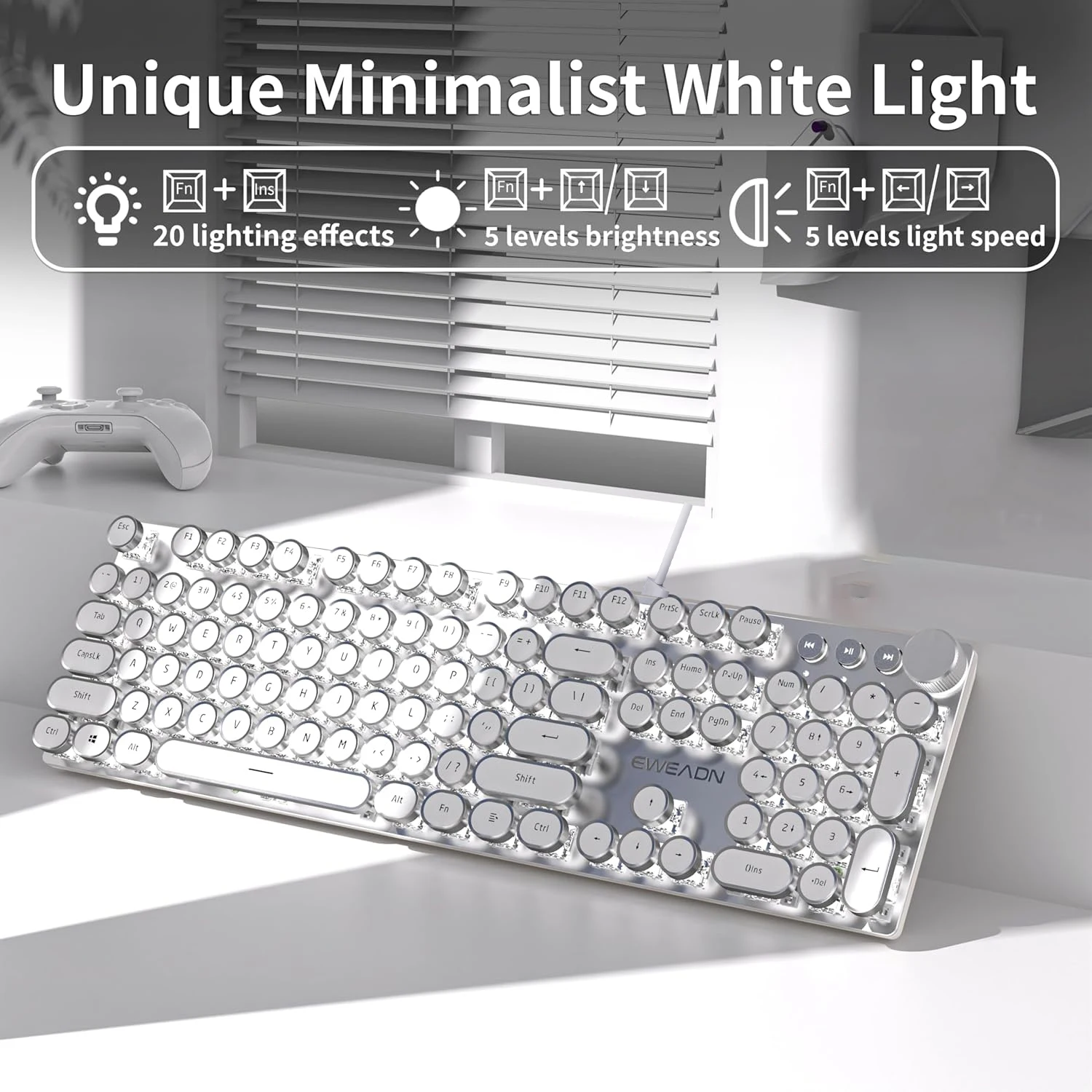 EWEADN Kabelgebundene mechanische Tastatur, Retro-weißer Schreibmaschinenstil, volle Größe, LED-Hintergrundbeleuchtung, Knopfsteuerung, ergonomisch für Büro und Büro Image