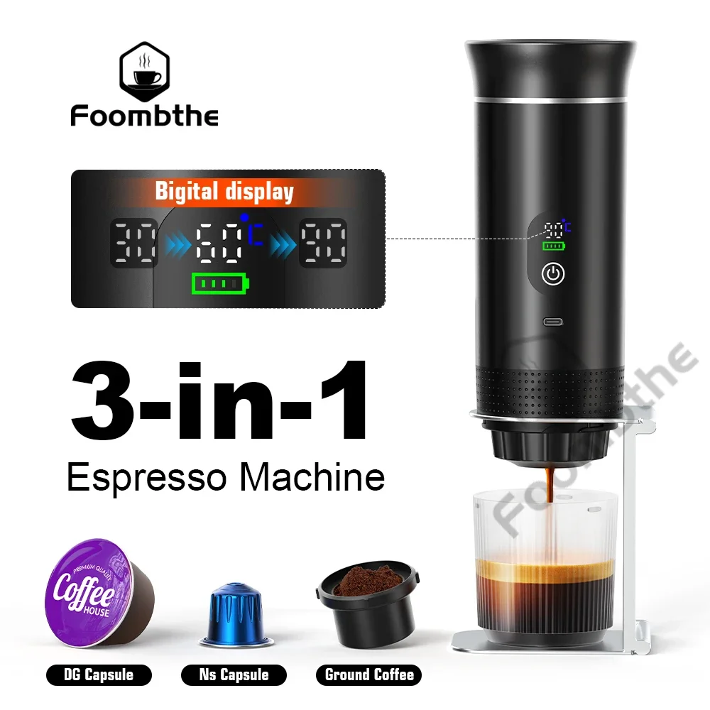 Foombthe Tragbare Espressomaschine mit Digitalanzeige, 3-in-1-Kapselkaffeemaschine für Auto und Zuhause, Camping-Kaffeemaschine