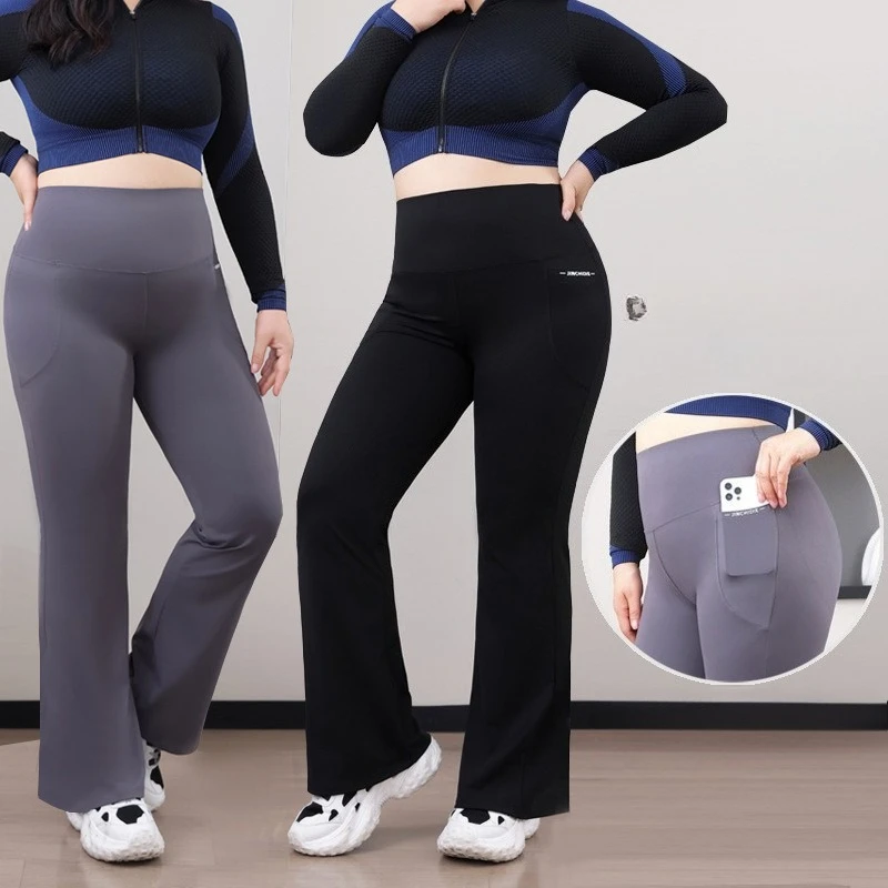 Ausgestellte Yoga-Hose in Übergröße für Damen, hohe Taille, dehnbare Trainingshose mit Taschen, lässige Outdoorwear-Hose mit weitem Bein Image