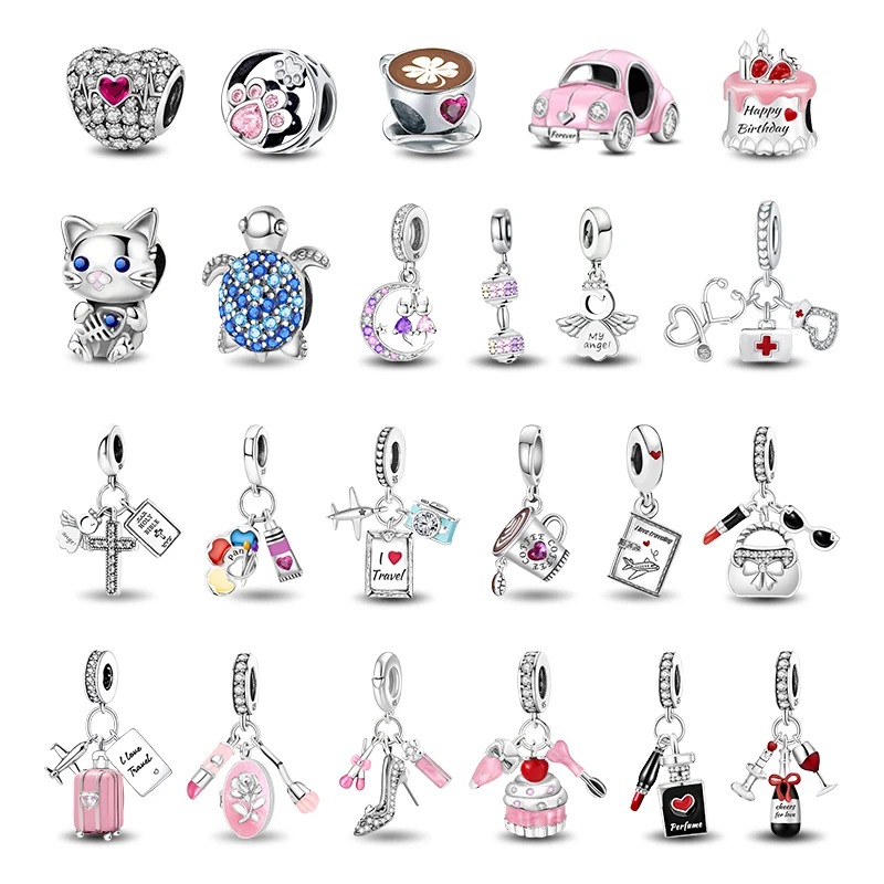 925er Sterlingsilber, süßes Reiseleben, Haustier-Serie, rosa Kuchen-Charms, Perlen, passend für Original-Armbänder, Armreifen, Schmuck, Geschenk für Frauen Image